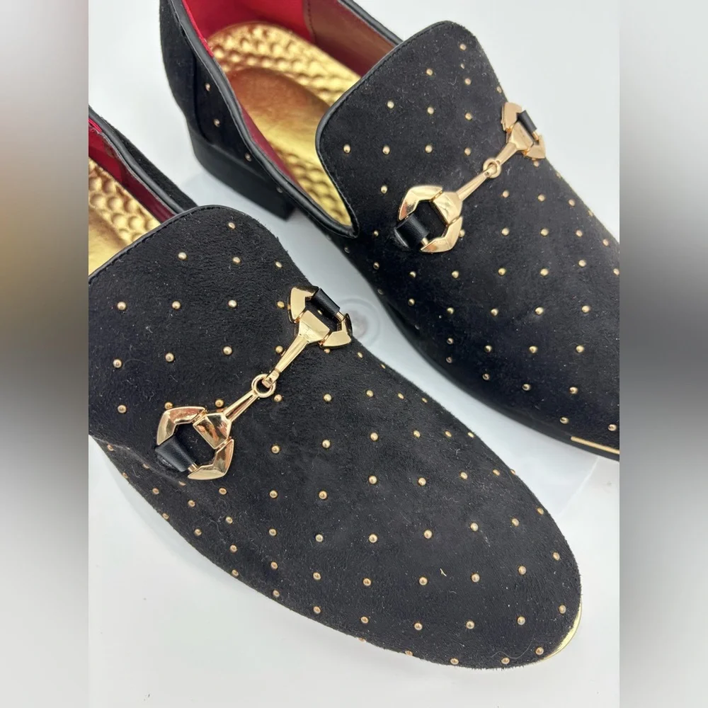 BLACK VELVET STUDDED LOAFERS Men's‎ Loafer Gold Buckle Slip On Shoe Horsebit